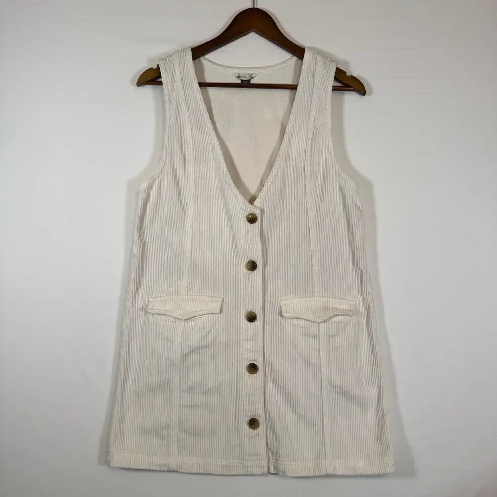 American Eagle Women’s S Corduroy Mini Dress Stretch Cotton White Button Front - Picture 2 of 11